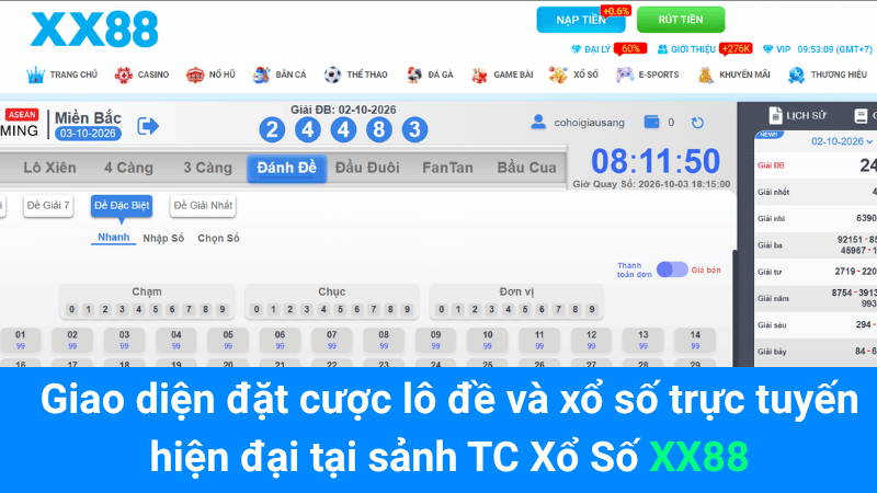 Giao diện đặt cược lô đề và xổ số trực tuyến hiện đại tại sảnh TC Xổ Số XX88
