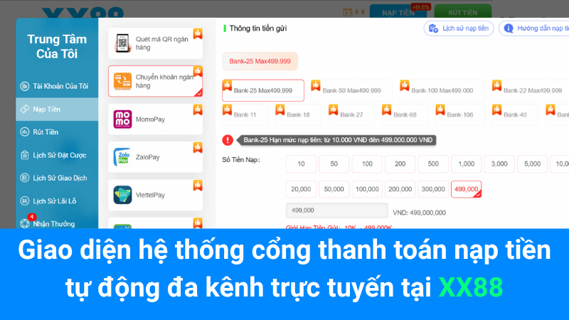 Giao diện hệ thống cổng thanh toán nạp tiền tự động đa kênh trực tuyến tại XX88