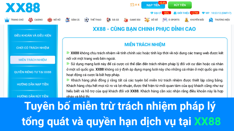 Tuyên bố miễn trừ trách nhiệm pháp lý tổng quát và quyền hạn dịch vụ tại XX88
